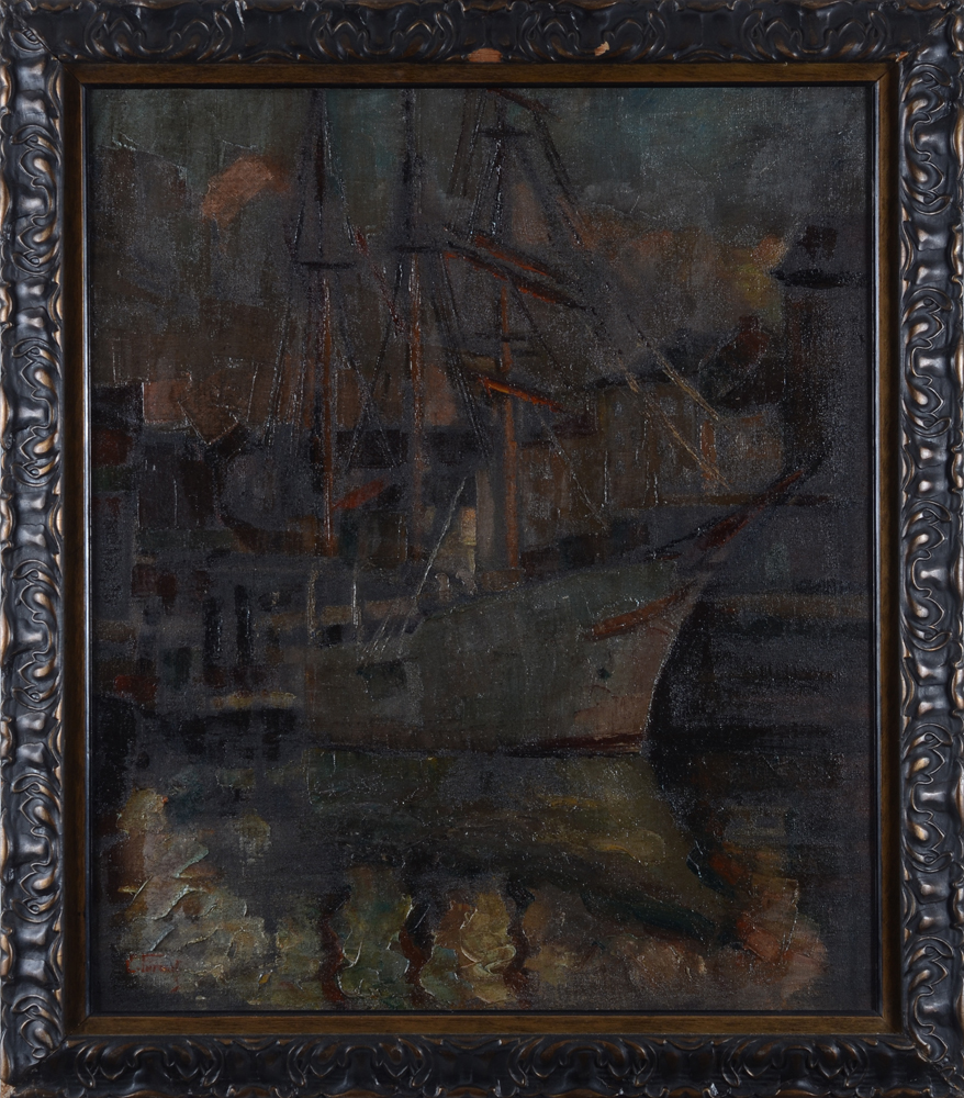 Emile Feront — Un trois-mats dans le port au couchant, huile sur toile signée