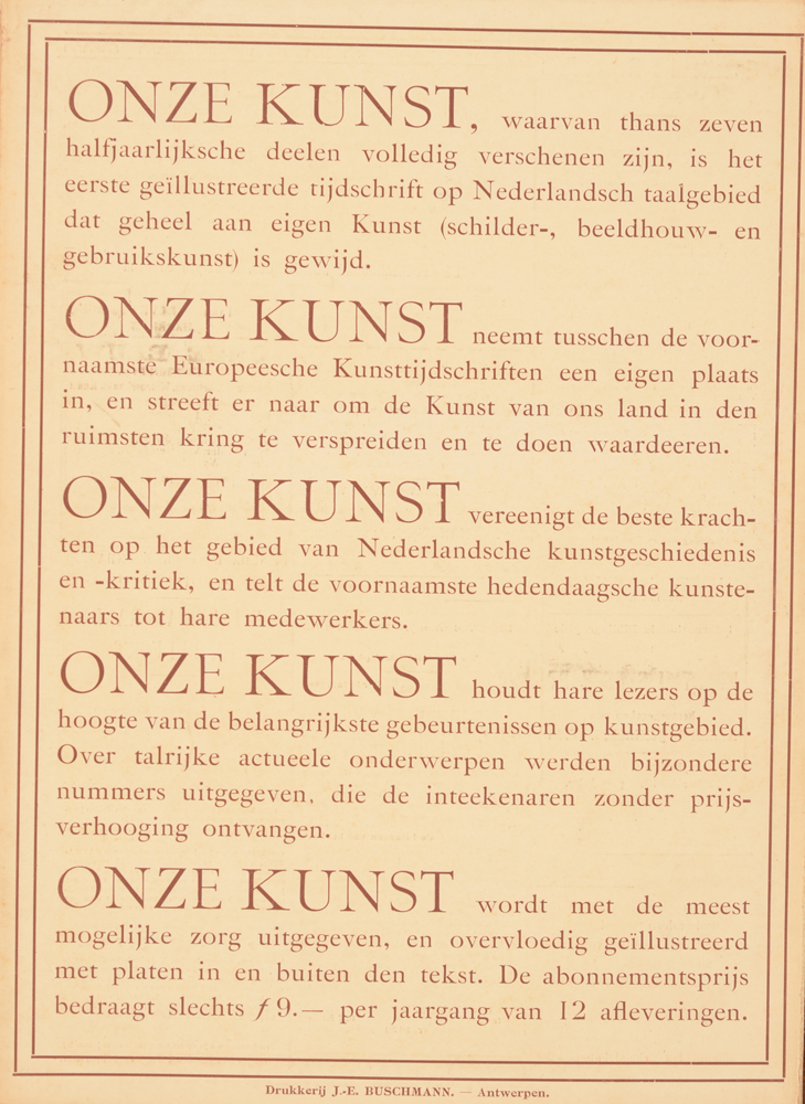 Onze Kunst 1905 — Onze kunst: mission statement in Dutch