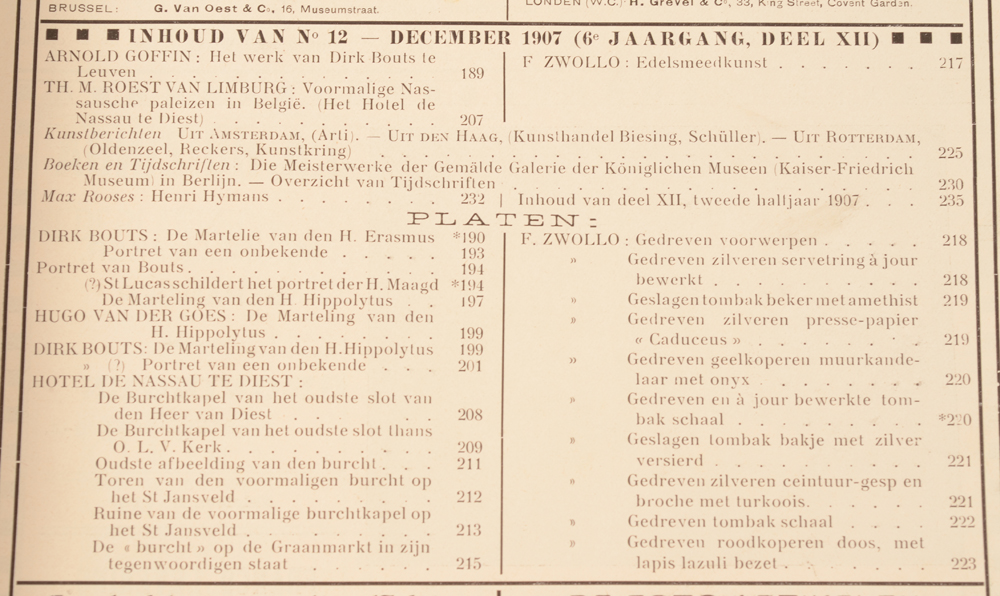 Onze Kunst 1907 — Table of contents December