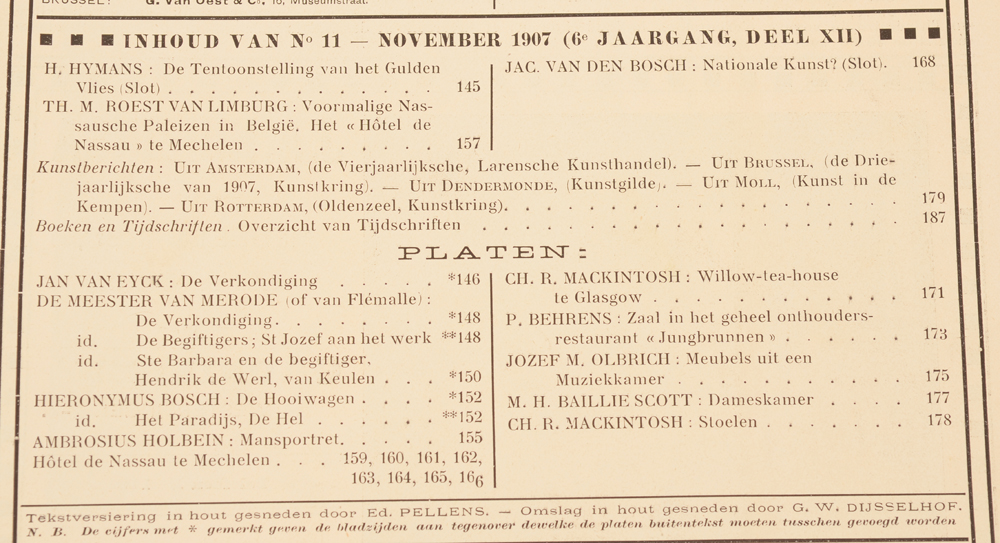 Onze Kunst 1907 — Table of contents November