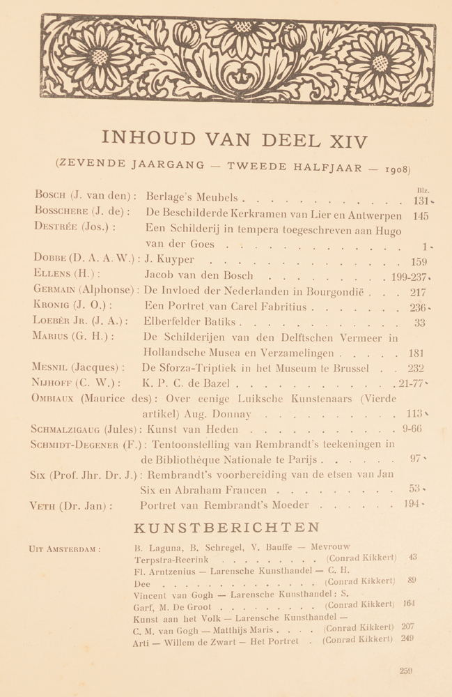 Onze Kunst 1908 — Table of contents