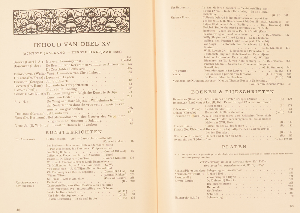Onze Kunst 1909 — Table of contents first half