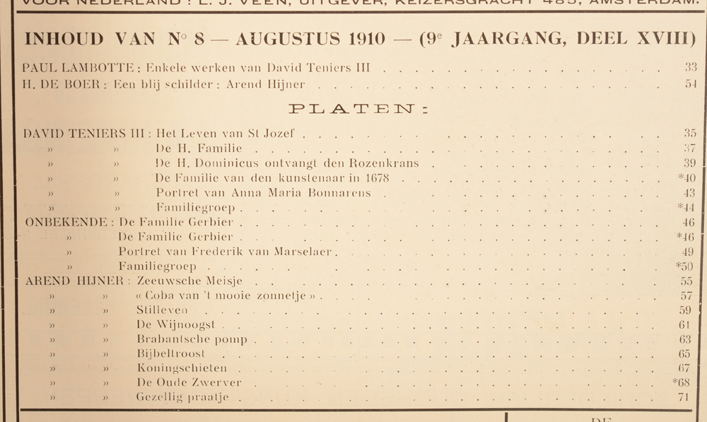 Onze Kunst 1910 — August table of contents