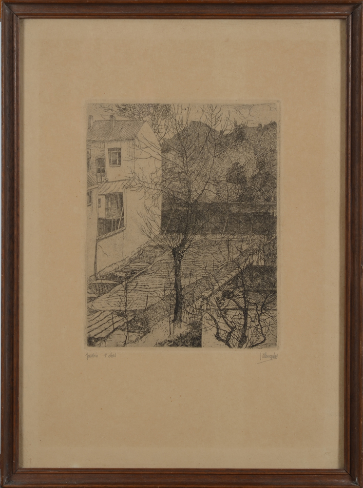 Jules De Bruycker, Jardin (urban landscape), a rare etching, 1928 — The etching in its frame