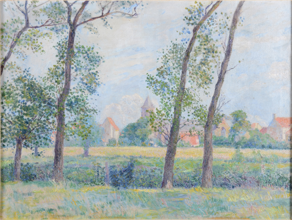 Frits Van Loo — Très beau paysage impressioniste, représentant la Lys à Afsnee, huile sur toile