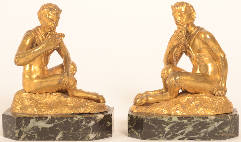 Pair of gilt bronze satyrs — Paire de satyres en bronze doré, monté sur des socles en marbre