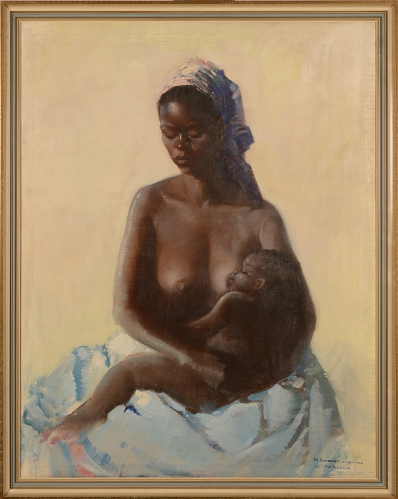 Gaston Parison — Mère et enfant africaine, huile sur toile signée