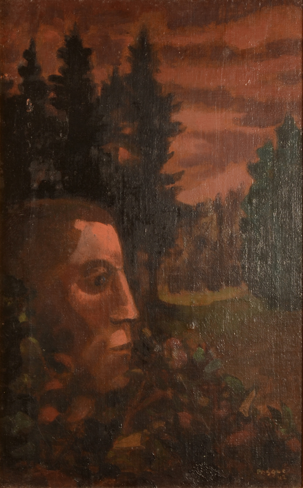 Aubin Pasque — L'Affût, huile sur toile marouflée sur panneau, signée et datée 1942