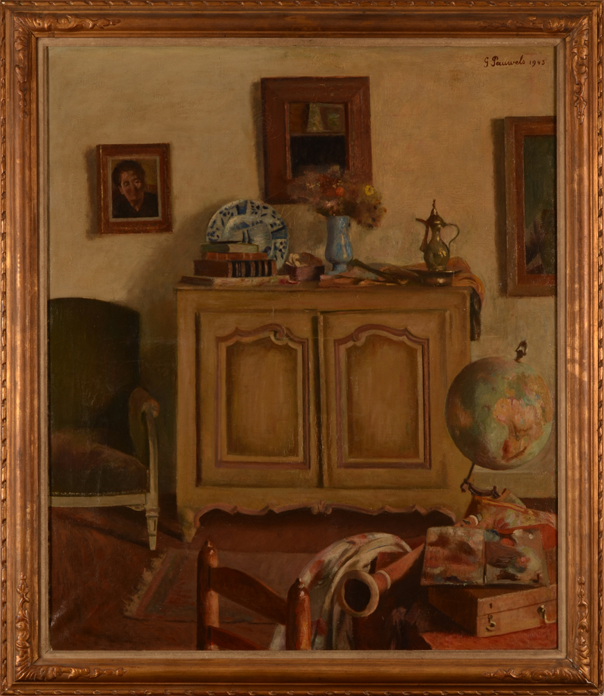 Gaston Pauwels — <p>Intérieur avec mappe monde, ou l'intérieur de l'artiste, huile sur toile signée</p>
