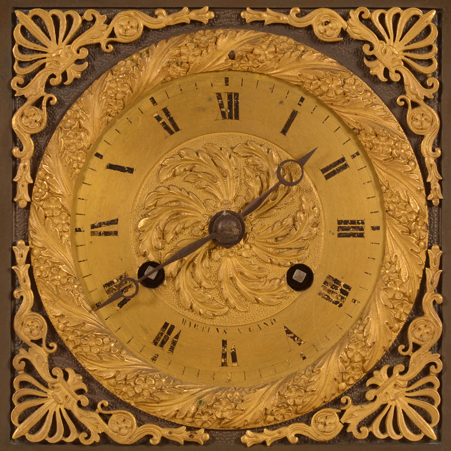 Charles X Pegasus clock — Detail of the gilt dial with Breguet hands