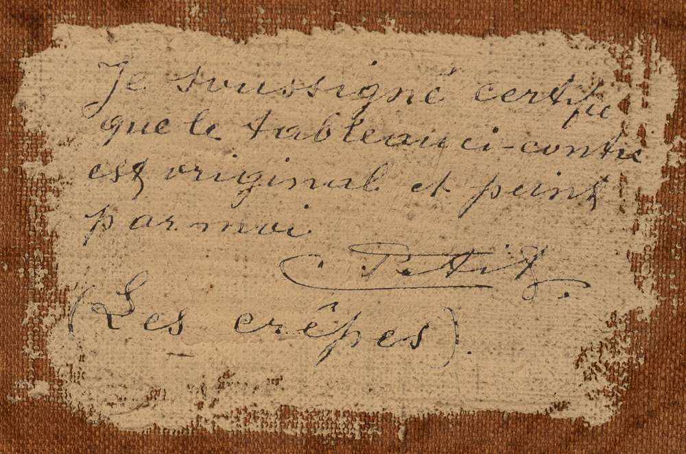 Corneille Petit — Certificate written by the artist, at the back of the canvas