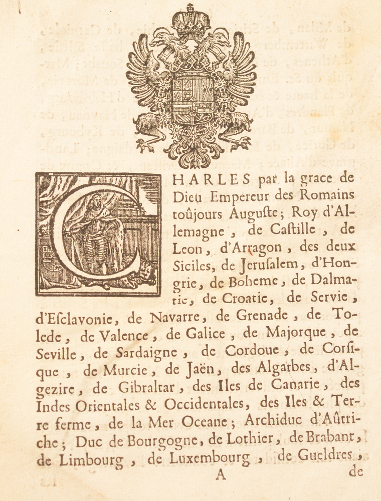 Placcart Bruxelles 1736 — 1st page page with woodcut initial