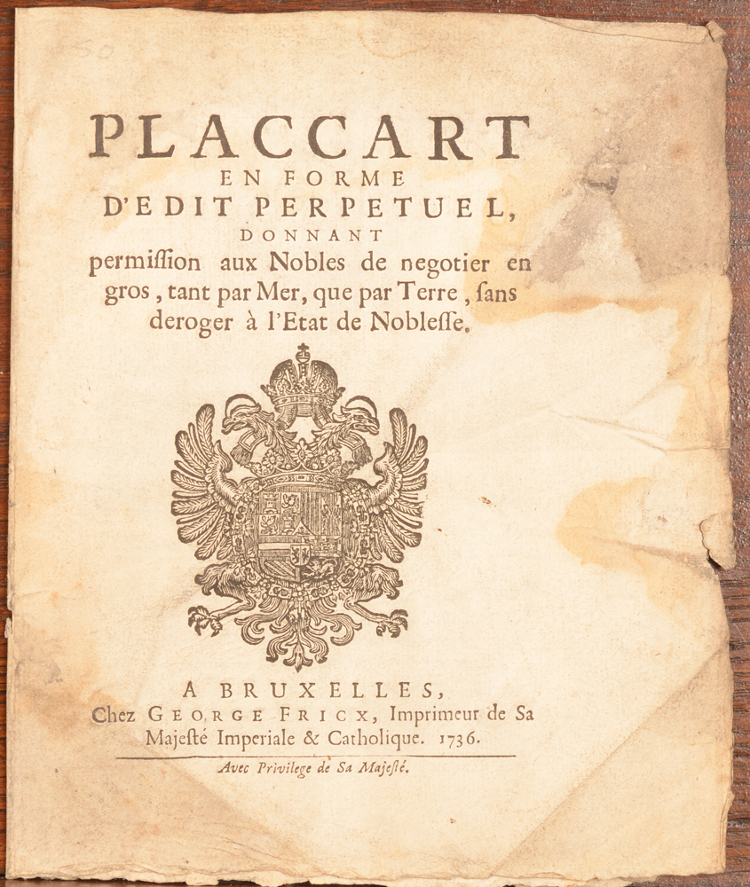 Placcart Bruxelles 1736 — cover of the document, showing the worn condition