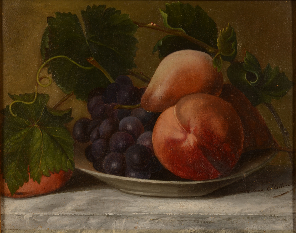 Léontine Plettinck — Nature morte aux raisins et fruits, huile sur toile signée
