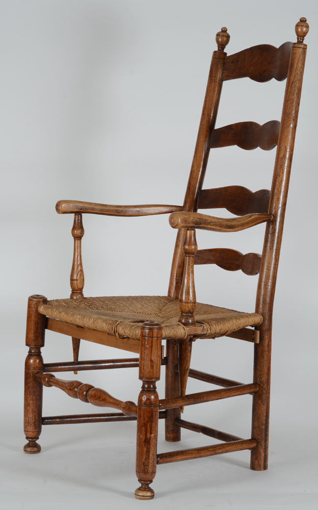 A High back arm chair, turned wood (elm?), Belgian folk art from around 1850 — Side view