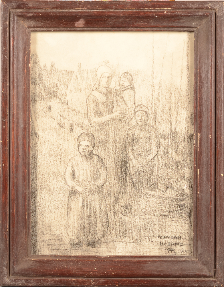 Francois Pycke — Een familie te Volendam, een vroege en zeldzame tekening uit ca. 1911.