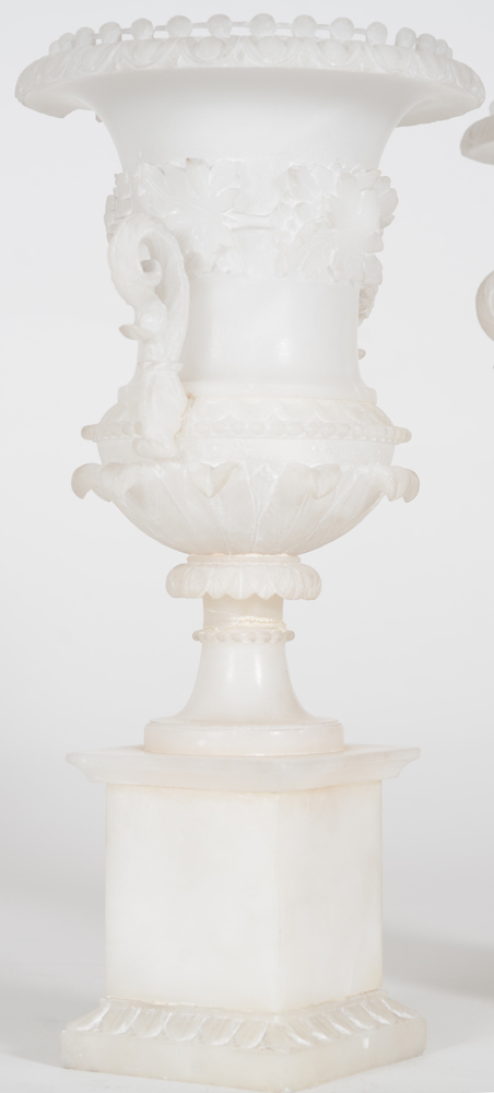 a pair of fine alabaster Medici-shaped vases, ca. 1870 — Side view of one of the vases