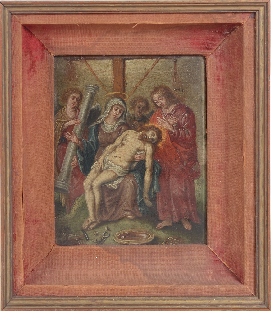 Old Master Painting, deposition from the cross, oil on metal — the painting in its modern, slightly soiled frame