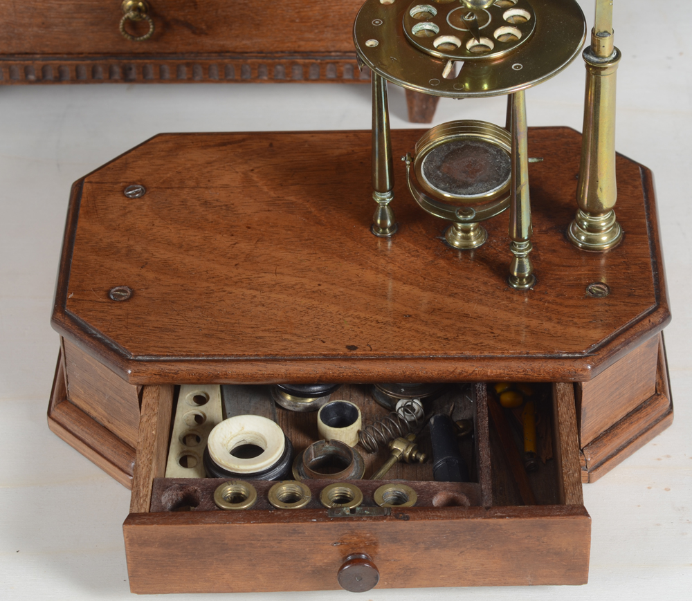 Antique microscope — A view of the extra parts in the drawer