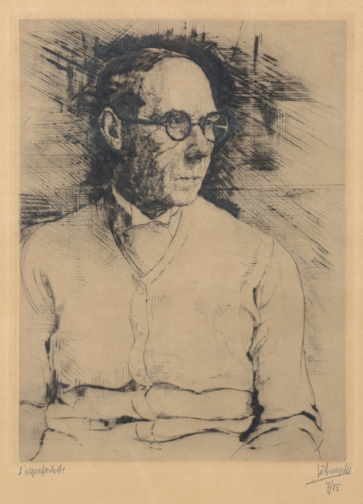 Jules De Bruycker l'Aquafortiste 1934 — Autoportrait de Jules De Bruycker comme aquafortiste, envoyé à la Biennale de Venise en 1934, rare, n'existe que sur 25 exemplaires