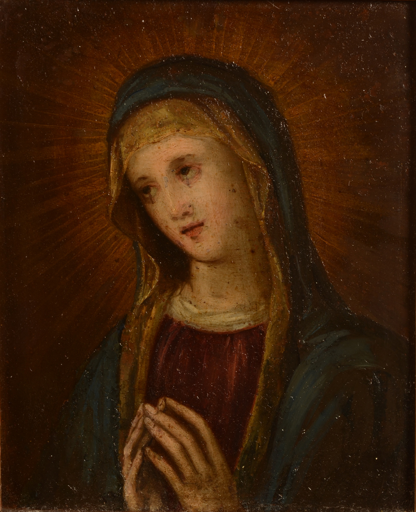 A pair of religious portraits of Christ and Mother Mary — Portrait de Marie, huile sur cuivre, probablement 18e