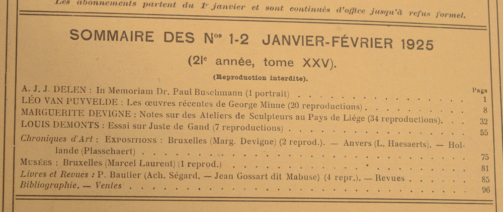 La Revue d'Art 1925 — January, table of contents