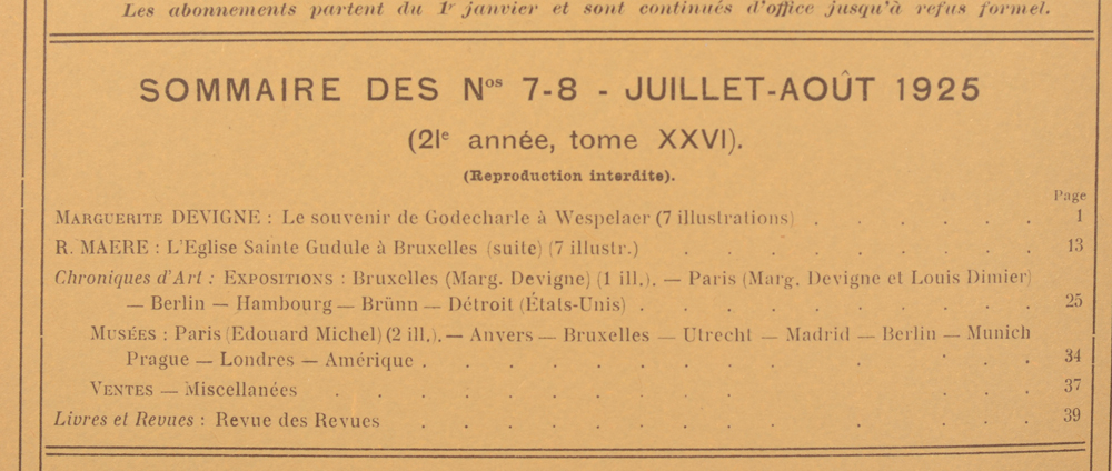 La Revue d'Art 1925 — Table of contents July-August<br>