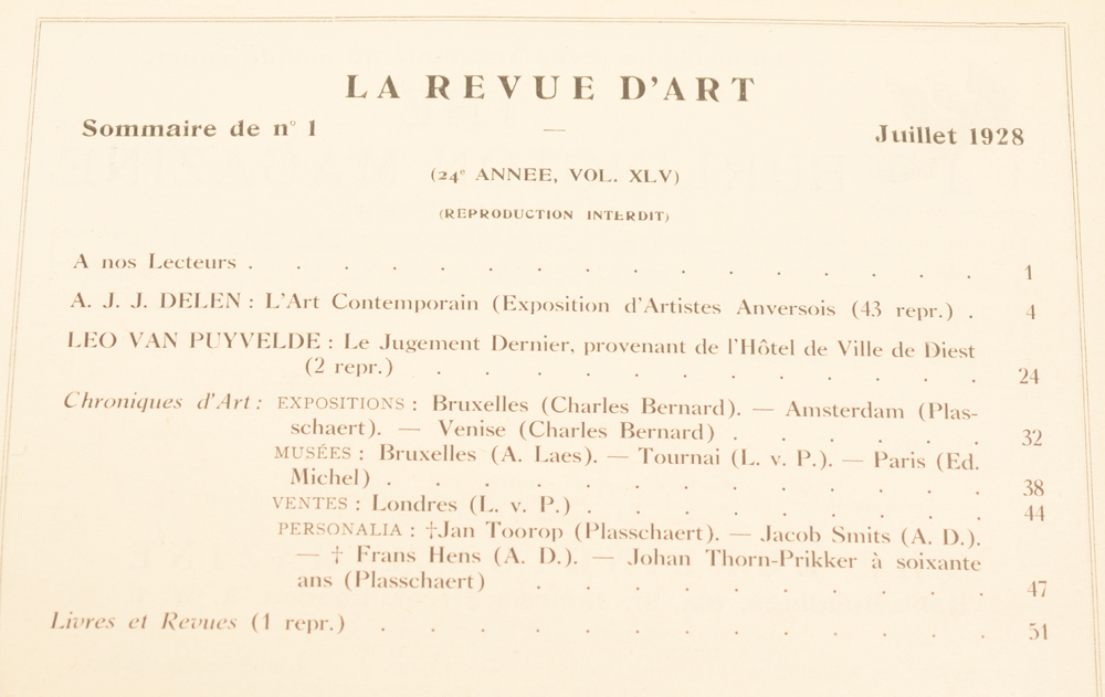 Revue d'Art 1928 — July table of contents