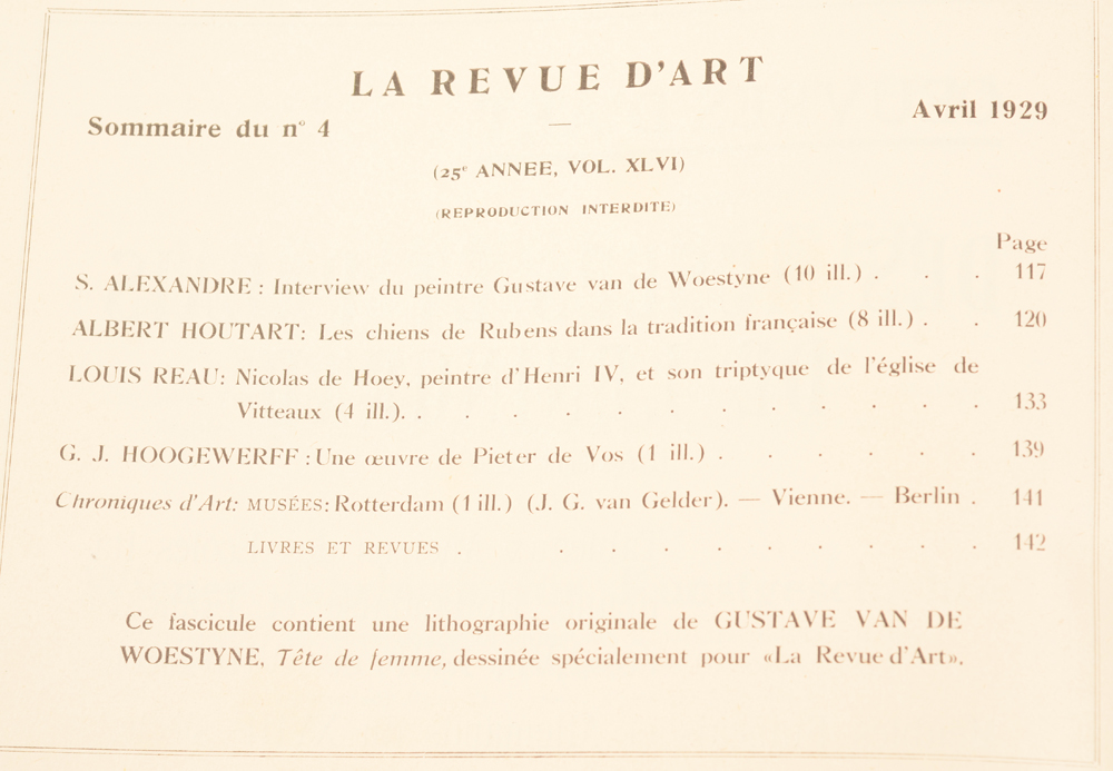 La Revue d'Art 1929 — Table of contents, this issue without the lithograph mentionned&nbsp;