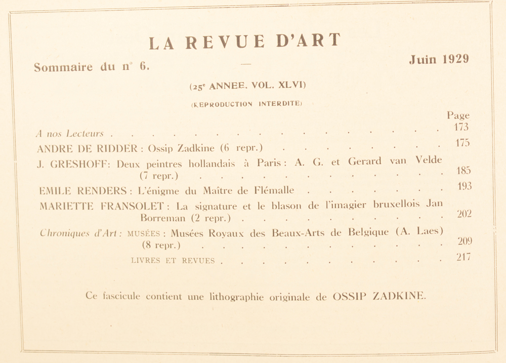 La Revue d'Art 1929 — Table of contents of the last number of this magazine