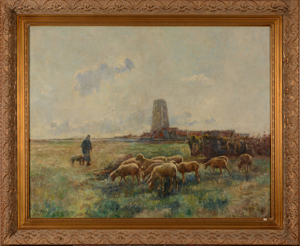 Raph Robert — <p>Un berger et ses moutons près de Lissewege, huile sur toile, signée</p>