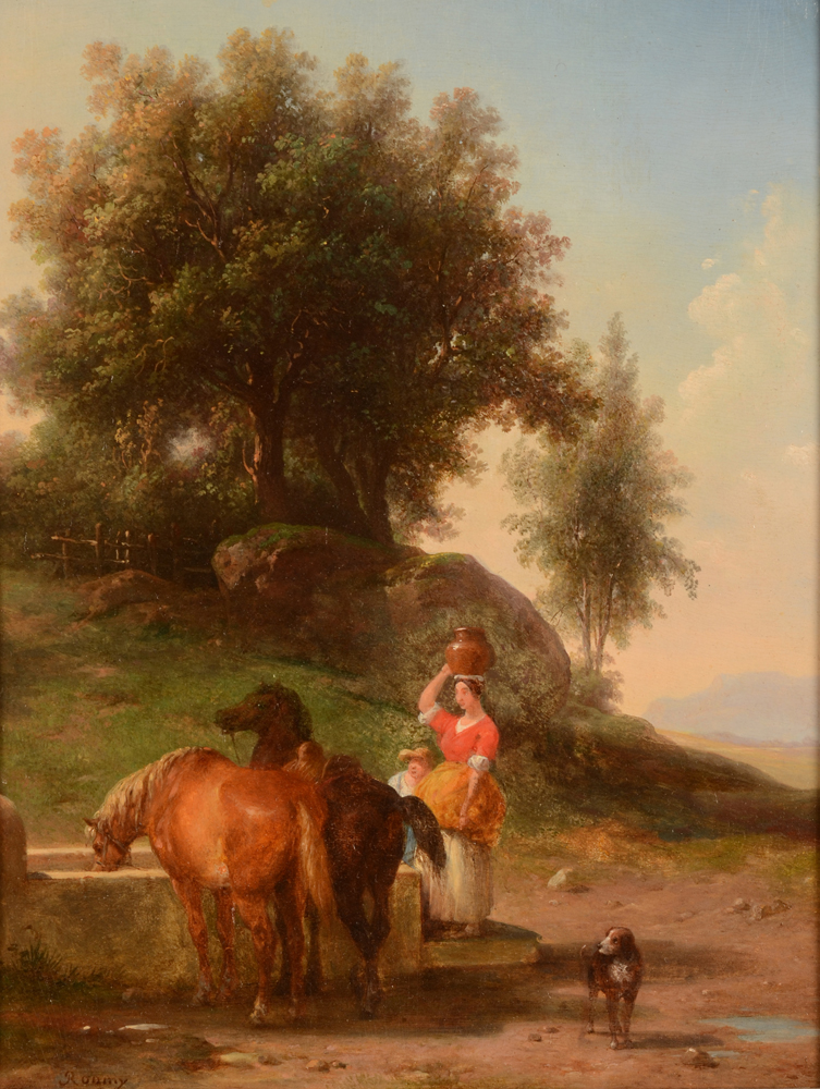 Guillaume Frederic Ronmy — Figures et chevaux a la source, delicat huile sur panneau signe