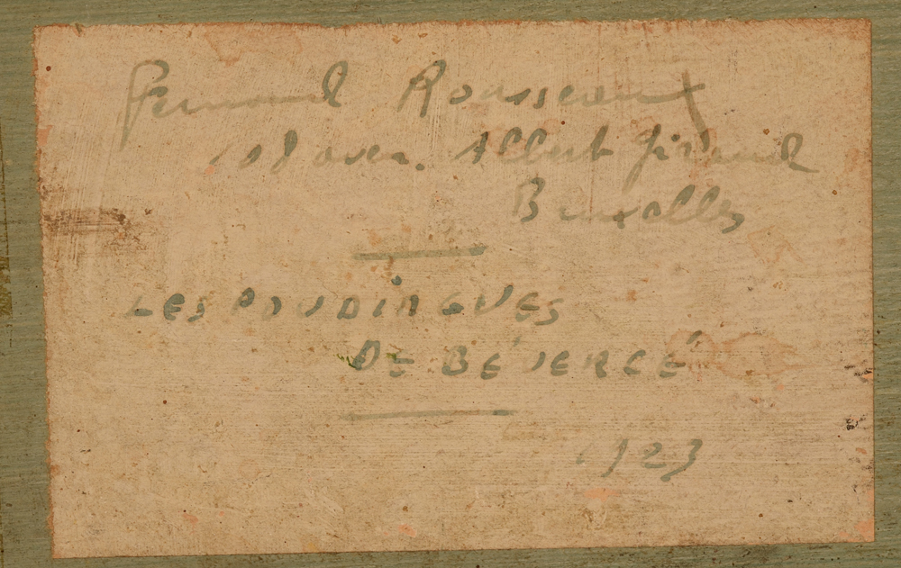 Fernand Rousseaux Les poudingues de Bévercé — Handwritten label at the back by the artist