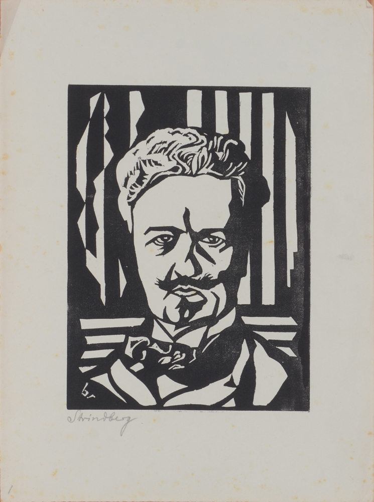 Berten Schepens (Nojorkam) Woodcut series of three portraits. Strindberg, Verlaine, Van Gogh. — Gravure sur bois de l'homme de théâtre Strindberg. Numéro 1 de la série. Signée par l'artiste