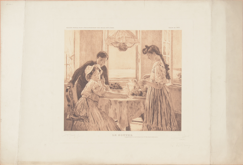 Armand Heins 'Le Gouter' — Eau-forte de Heins d'après la peinture de Lucien Simon. Signé par Heins en crayon en dessous de l'image.
