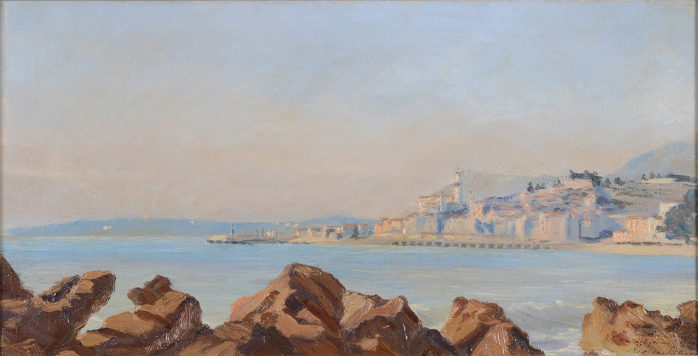 Georges Lebacq — Une vue de Menton en 1906, huile sur toile signée et datée