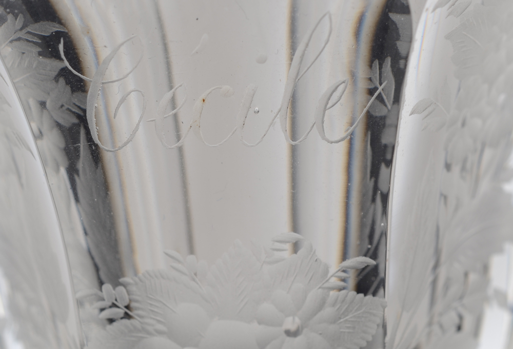 Val St-Lambert, model Lalaing, cut crystal wine glass, engraved — Detail of the engraving of the name