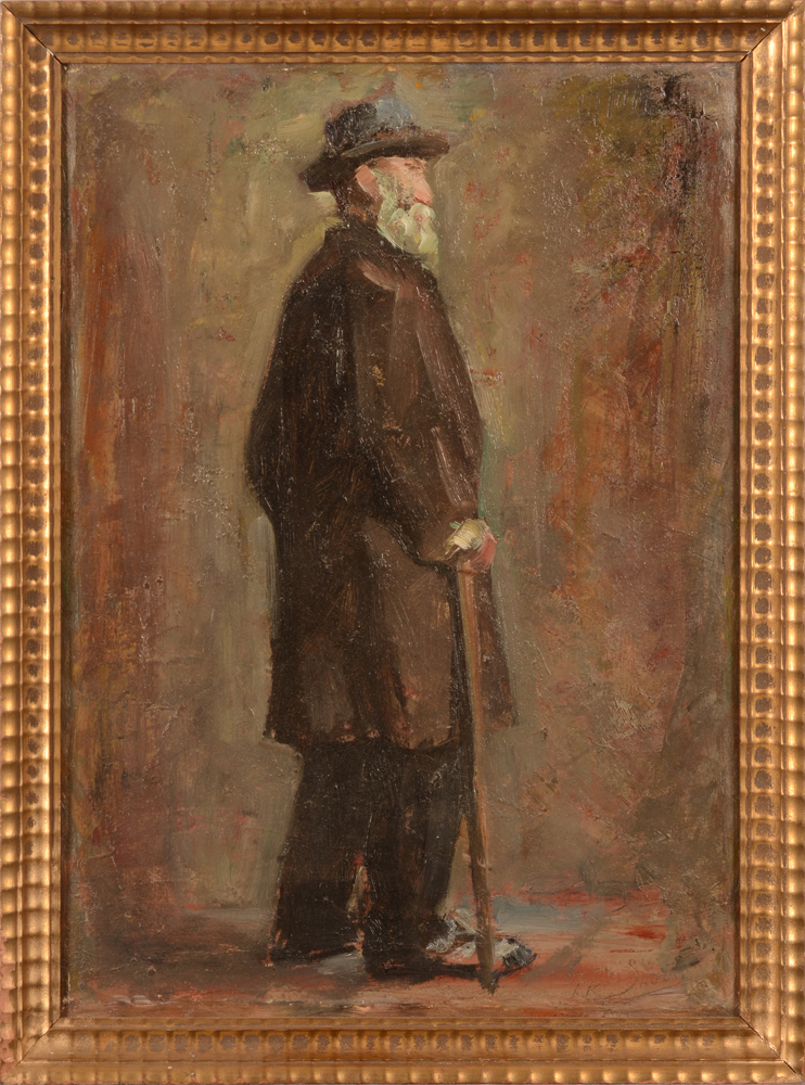 Saurer or Sauter — Portrait d'un homme avec une canne, huile sur panneau, signée