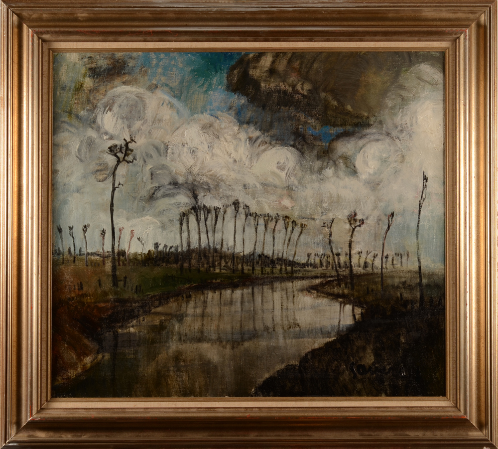 Albert Saverys — Vue de la Lys en hiver, grande huile sur toile, signée, des années trente