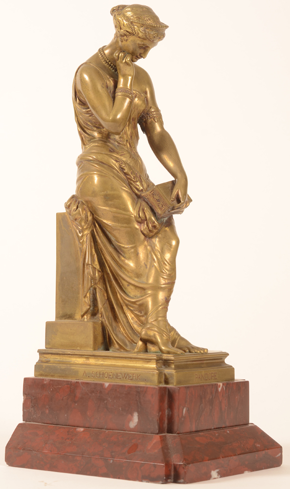 Alexandre Schoenewerk — Pandore, bronze sur base en marbre rouge d'origine, signé et titré