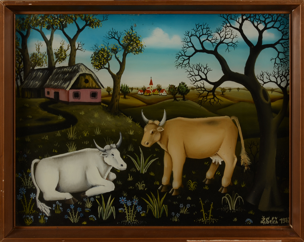 Zeljko Seles — Vaches dans un paysage, eglomise, art naif, signe et date 1972