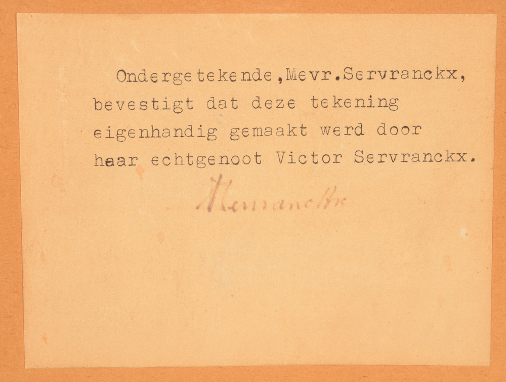 Victor Servranckx — Certificate of the wife of the artist at the back of the frame