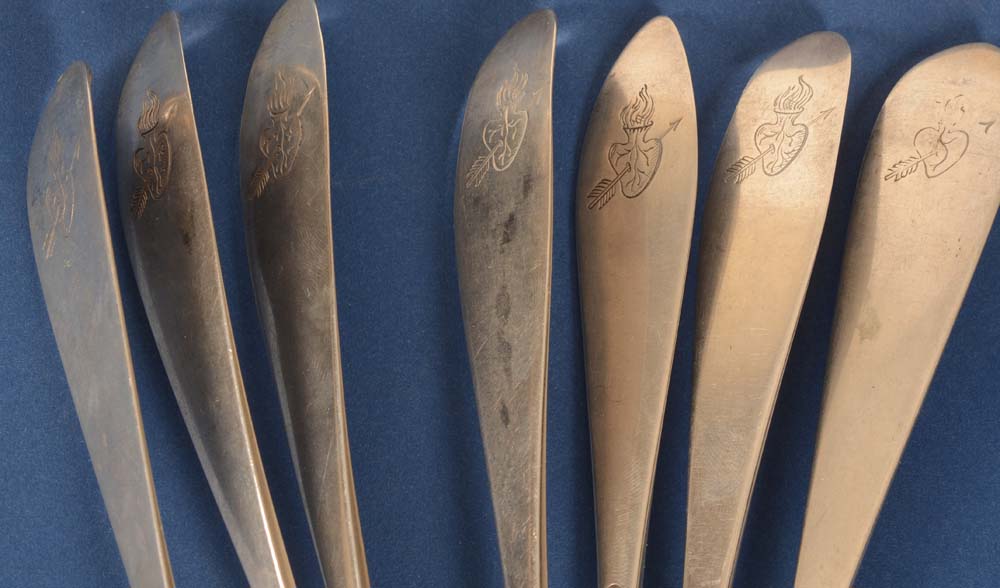 19th century silver sacred heart spoons — detail of the engravings