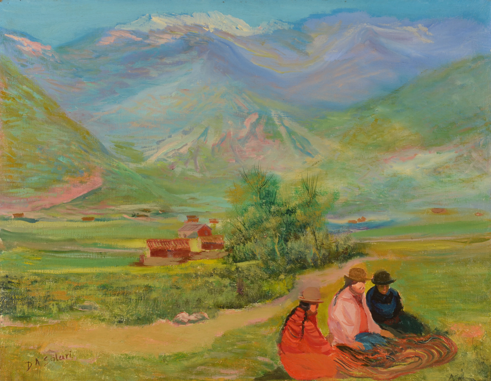 Solari D.A. — Femmes devant l'Andes, huile sur toile signée