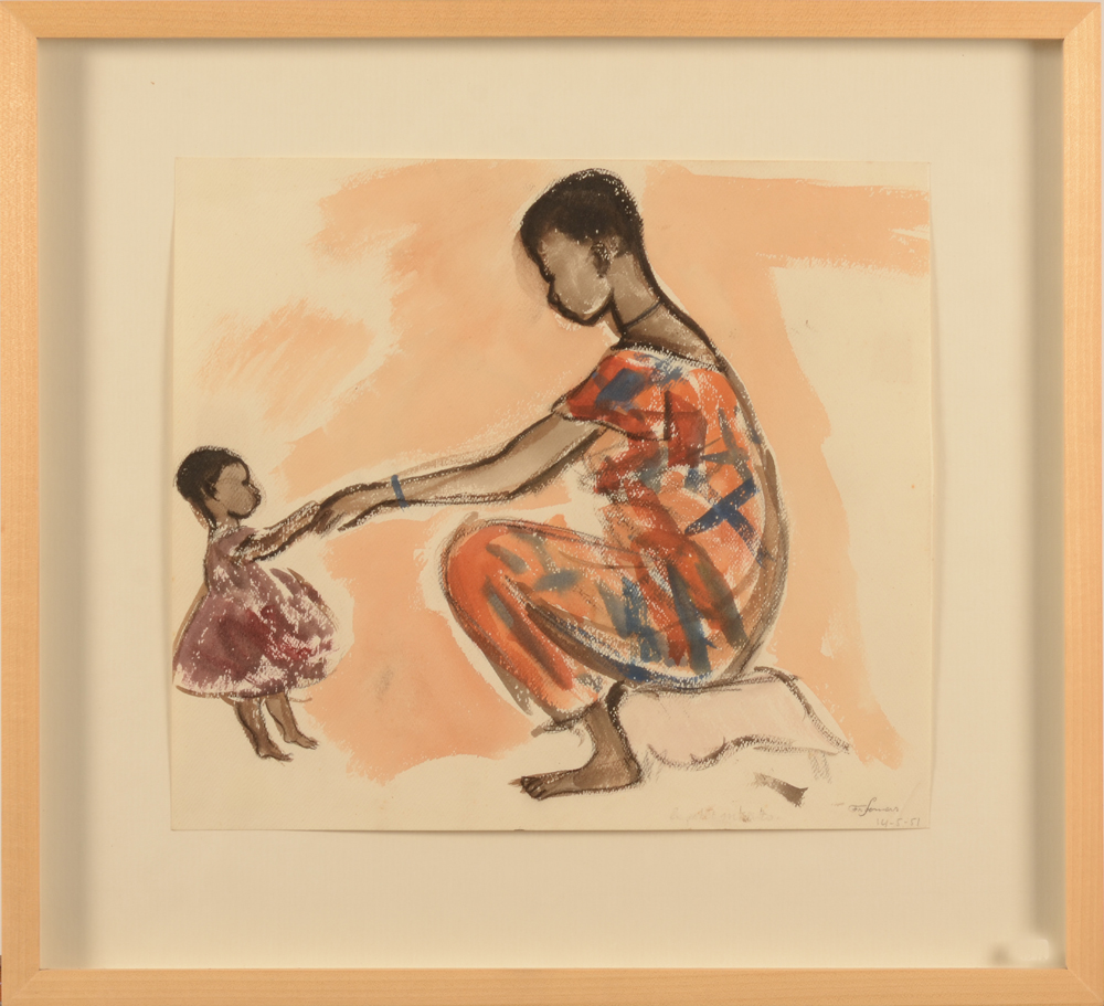 Francine Somers — Portrait d'une femme congolaise et son enfant, signé et daté 1951