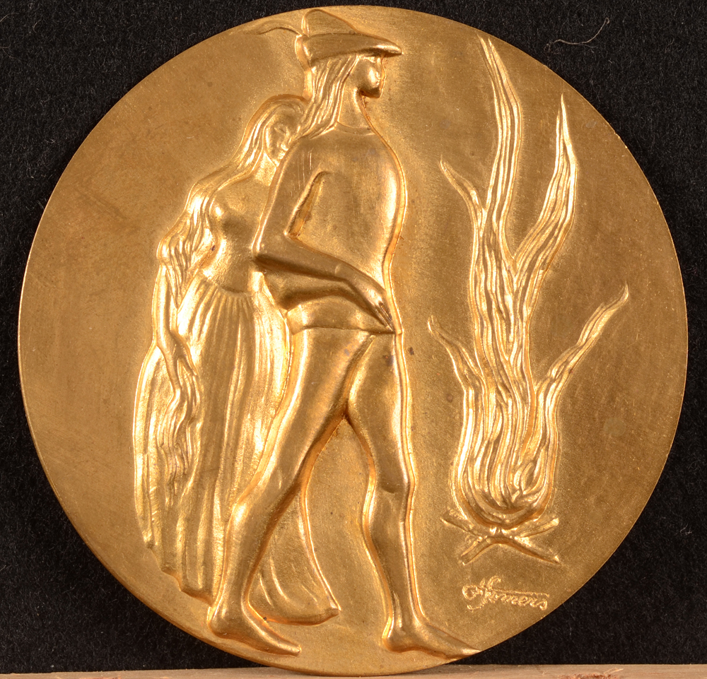 Francine Somers — Verguld metalen (koper?) plakette van Tijl en Nele, variant op de medaille?