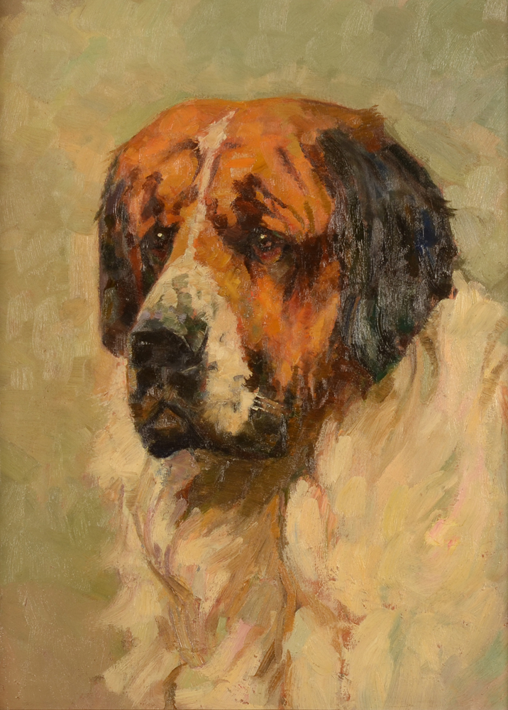 Portrait of a Saint Bernard Dog — huile sur panneau impressioniste, pas de signature visible