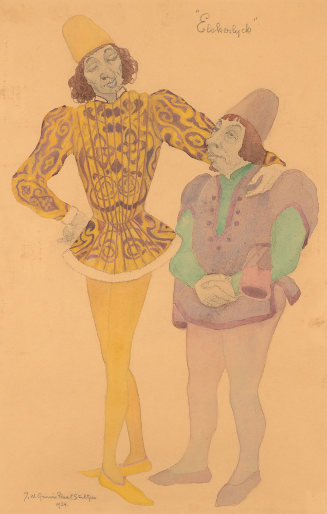 Jan Willem Grinwis Plaat Stultjes — Dessin pour costumes de théâtre, aquarelle et crayon sur papier, signé et daté 1924