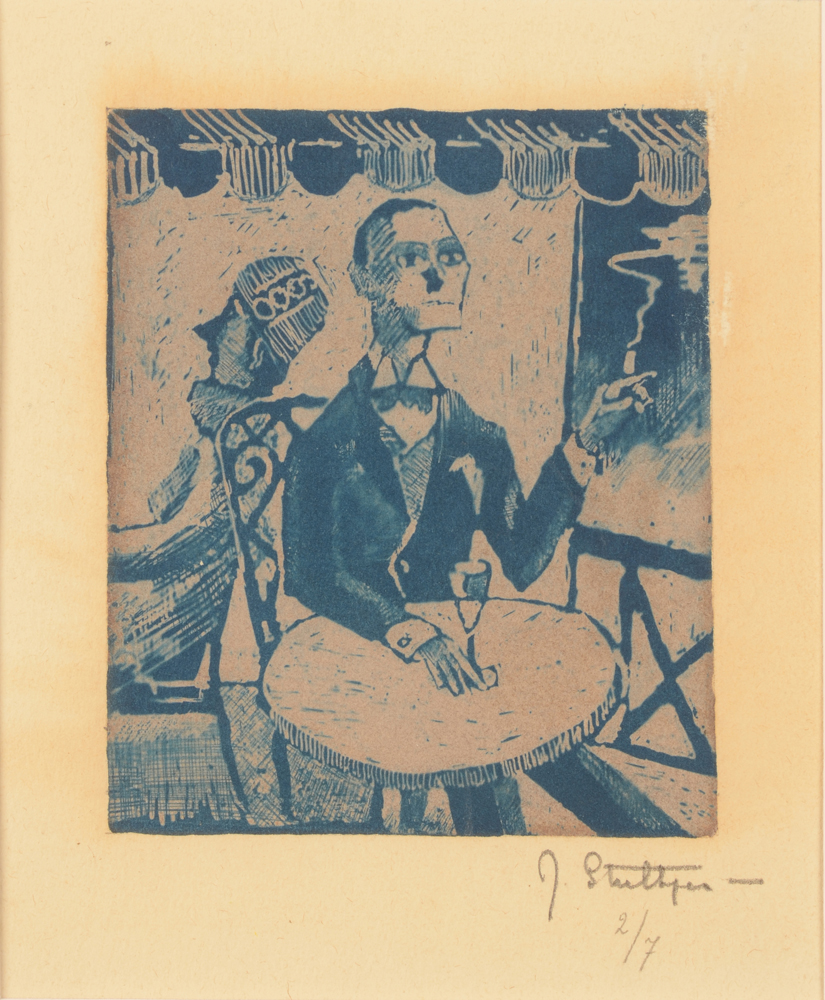 Jan Willem Grinwis Plaat Stultjes — Homme sur une terasse de café, rare gipsographie, 1925-1929, justifié 2/7