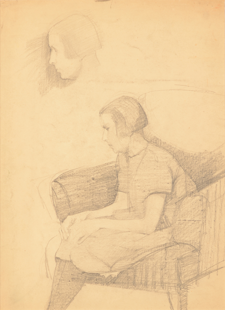 Jan Willem Grinwis Plaat Stultjes — Dessin d'étude, jeune fille dans un fauteuil, crayon sur papier